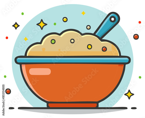 Bowl of porridge with spoon, a nutritious breakfast for kids and healthy eaters with vector design elements