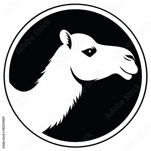 Camel profile in a black circle, vector illustration