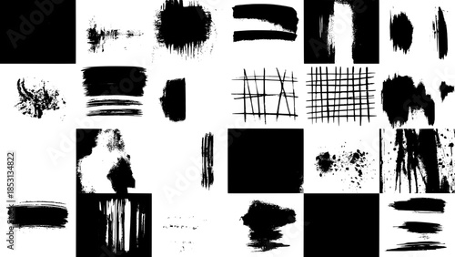 Abstract brush stroke textures and grid patterns in black on white background (SVG vector)