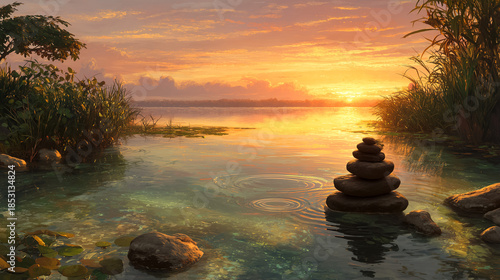 Peaceful Golden Hour Lake with Zen Stones