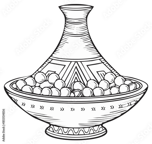 Ornate Moroccan Tagine Cooking Pot with Food Hand Drawn Sketch Illustration
