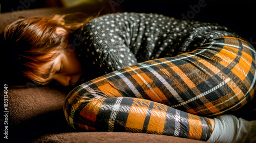 Resting young asian woman in comfortable plaid pajamas