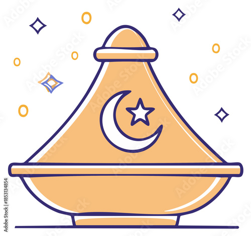Decorative Islamic Crescents and Stars adorning a Stylized Tagine Pot Illustration
