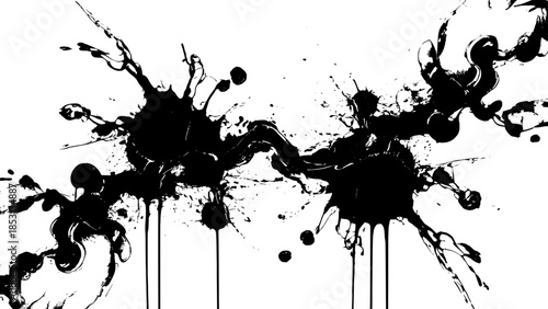 Abstract black ink splatter with drips on white background – dynamic graphic texture