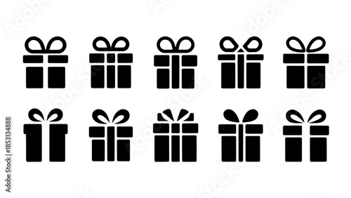Set of 10 black gift box icons with ribbons - minimalist vector silhouettes