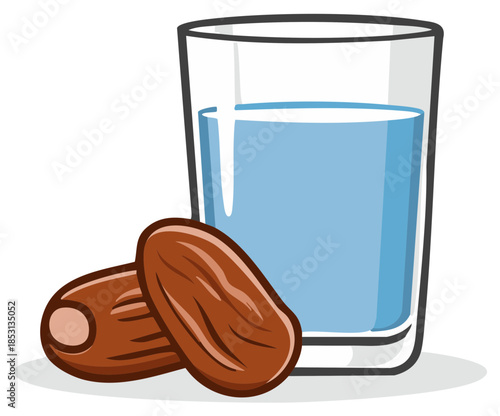 Cartoon illustration of a glass of water and dates, food concept