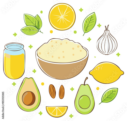 Healthy Ingredients for Cooking and Food Preparation Including Avocado Lemon Garlic and Honey