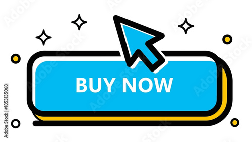 A blue button with a cursor clicking on it surrounded by decorative elements on a white background