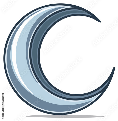Stylized Metallic Crescent Moon Symbol with Shading and Outline