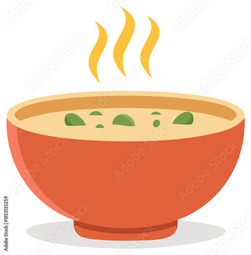 Steaming bowl of soup with green elements, cartoon style vector illustration.