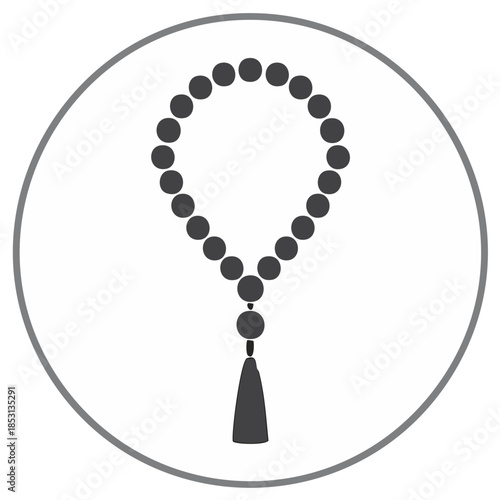 Muslim prayer beads silhouette inside circle frame, Islamic symbol used for counting prayers or remembrance of God