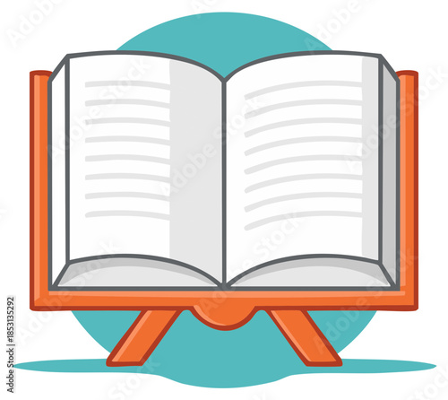 Open book on a stand illustration with a simple blue circle backdrop