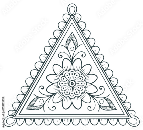 Intricate Floral Design Inside a Triangle with Scalloped Edge in Black and White