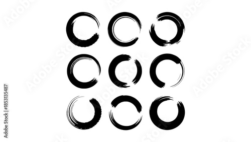 Nine hand-drawn brush-stroke circles arranged in a 3x3 grid, abstract Enso pattern in black on white