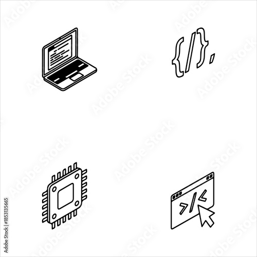 A Professional Software Programming Icon Symbol, Showcasing Computer Coding and Algorithm Script Development in a Flat Design Minimalist Vector for Technology Engineer Success Interface.