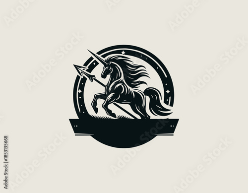 Centaur warrior character is depicted as a powerful mythic guardian symbol in a bold black vector logo illustration