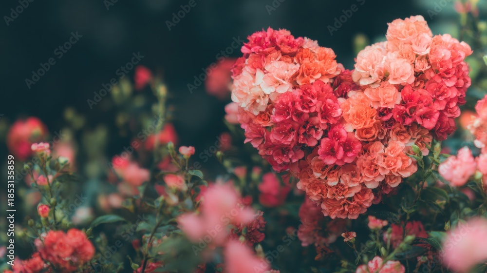 Fototapeta premium Heart shape made of flowers in a garden setting during springtime
