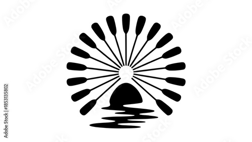 Sunburst over water silhouette vector icon with radial rays and reflected ripples
