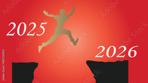 Silhouette figure jumping from 2025 to 2026 over a gap