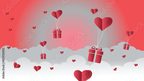 Red hearts and gift boxes floating on clouds with gradient background