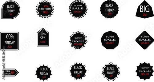 Collection of black and white sale tags with red accents