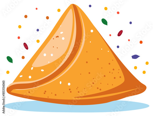 Crispy triangular samosa with colorful confetti and food elements scattered around