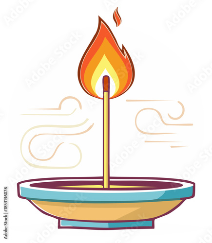 Burning incense stick in a decorative bowl with stylized smoke lines aroma concept