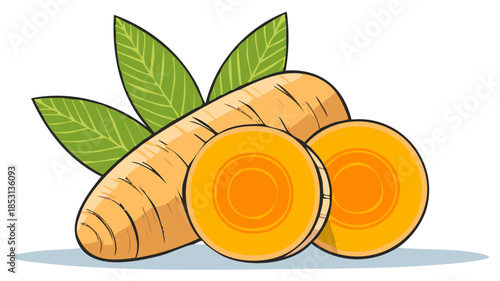 Fresh Whole and Sliced Carrot Vegetable with Green Leaves Vector Illustration