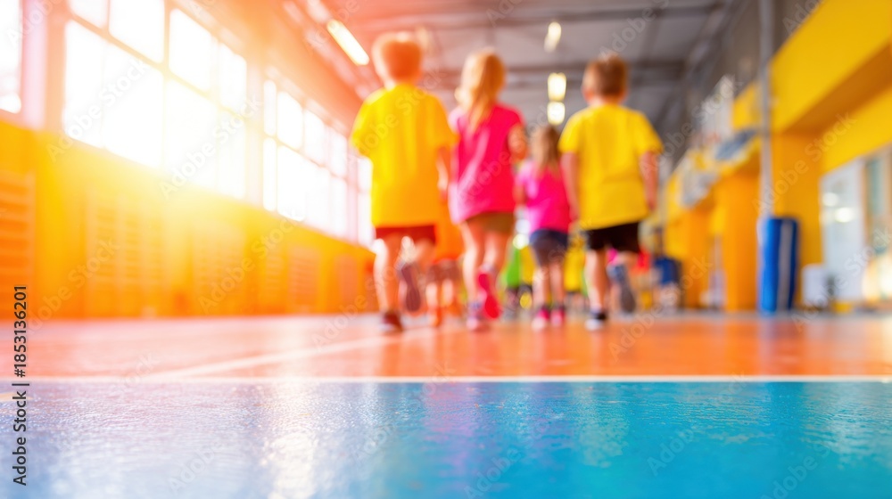 Obraz premium Children walk together in a bright gym during a sports class
