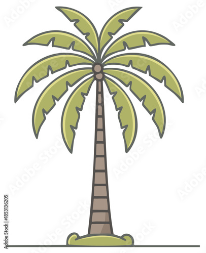 Illustration of a single palm tree with stylized fronds and a tall trunk, embodying tropical vegetation.