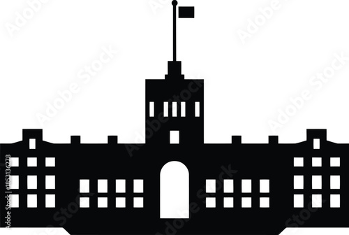 Modern office building with flag on top