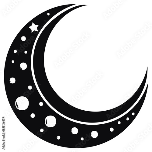 Stylized black crescent moon with star and decorative dots nocturnal symbol