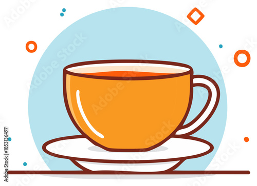 Stylized illustration of an orange teacup filled with amber liquid on a saucer