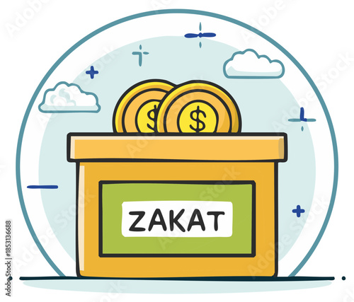 Illustration of a donation box with coins and the word Zakat, symbolizing charitable giving