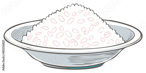 Illustration of a bowl filled with white rice and subtle pink details