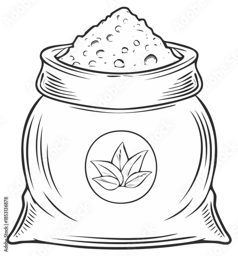 Open sack of natural powder with a leaf logo black and white vector line art illustration