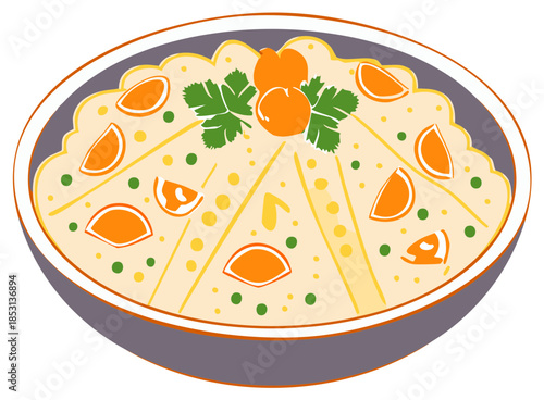 Stylized bowl of light food decorated with orange segments green peas and fresh garnish