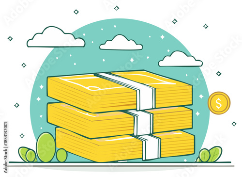 Stacks of Cash and Coin Cartoon Style  Finance Investment Wealth Concept