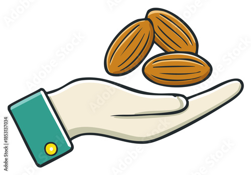 Illustration of three almonds held gently in an open hand