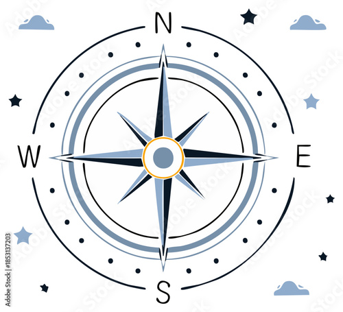 Vector Compass Rose Illustration with Cloud and Star Elements for Directional Navigation and Astrological Design, Aim and Orientation Symbol