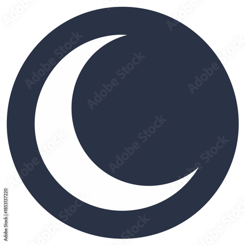 Minimalist white crescent moon symbol in a dark blue circle icon graphic design element