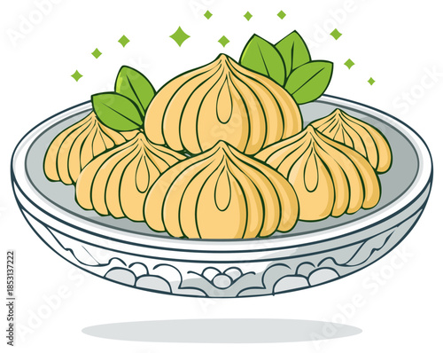 Cartoon illustration of a plate with steamed dumplings and green leaves.
