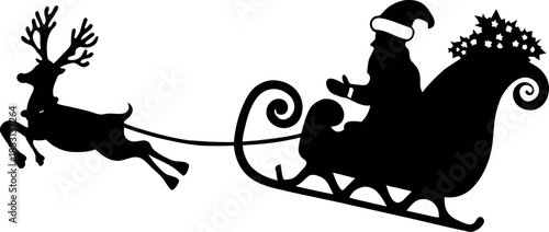 silhouette of santa claus riding sleigh with flying reindeer
