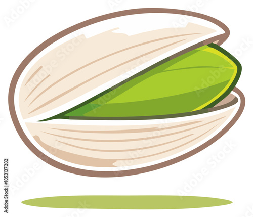 Open pistachio nut with green kernel and light tan shell isolated graphic