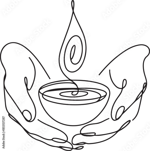 Continuous Line Art Illustration of Hands Cupping a Small Bowl of Essential Oil in Organic Contour