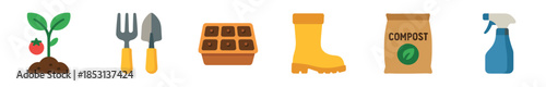 Various gardening tools and supplies including a growing plant, shovel, fork, seed tray, rubber boot, compost bag, and spray bottle are neatly arranged.