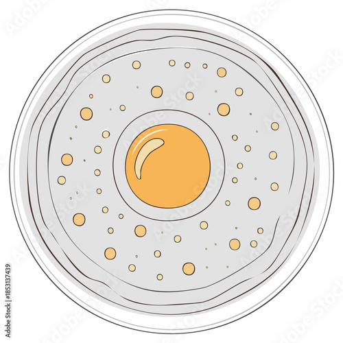 Illustrated circular egg breakfast, with yellow yolk, cartoon illustration.