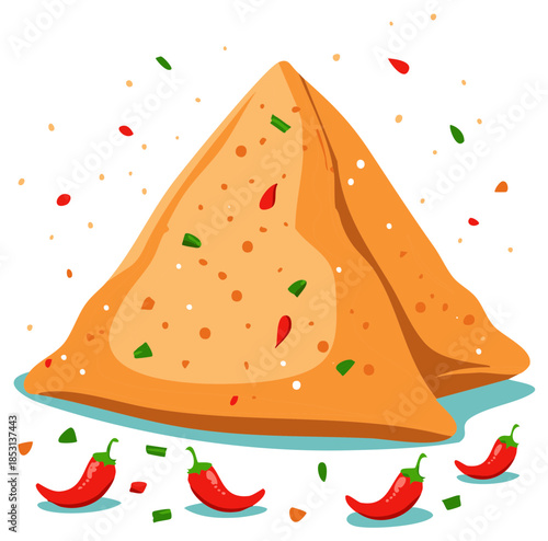 Delicious Golden Fried Samosa with Red Chili Peppers and Scattered Spices Flat Design