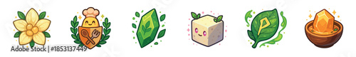 Cute cartoon icons representing various game elements and ingredients in a charming vector style for digital projects and applications with a playful aesthetic.