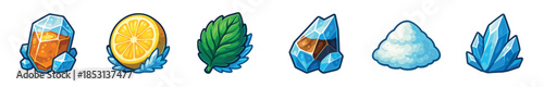 Icy game elements featuring sparkling crystals, a fresh lemon slice, a vibrant mint leaf, and a pile of snow, perfect for mobile app or video game interfaces.